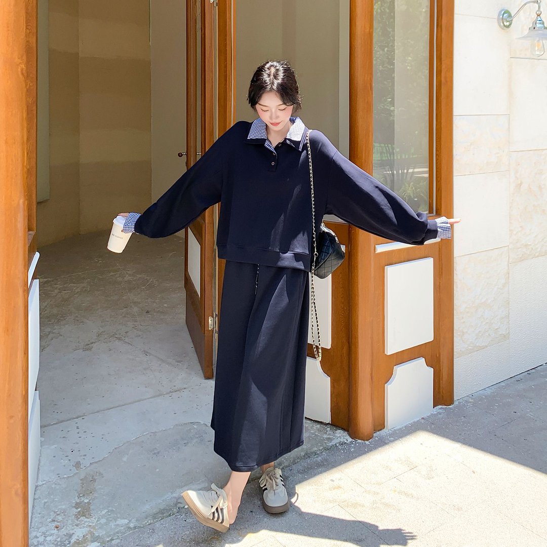 学院风假两件条纹衬衫拼接套装裙女春秋韩系休闲卫衣半身裙两件套