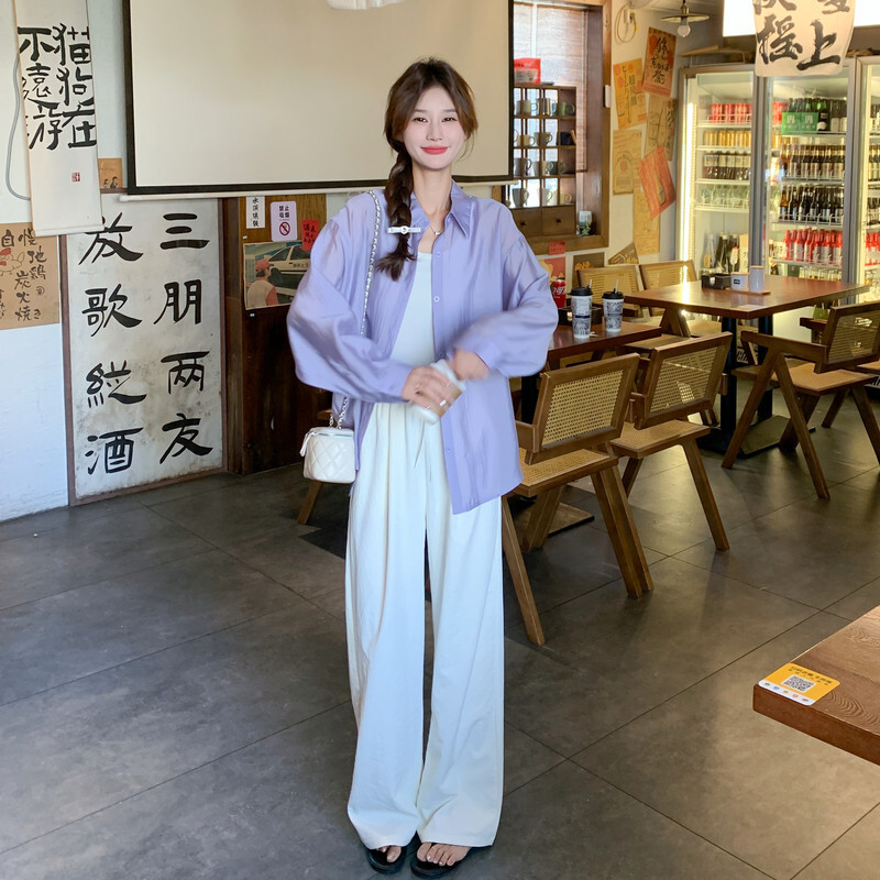 长袖翻领衬衫上衣阔腿裤