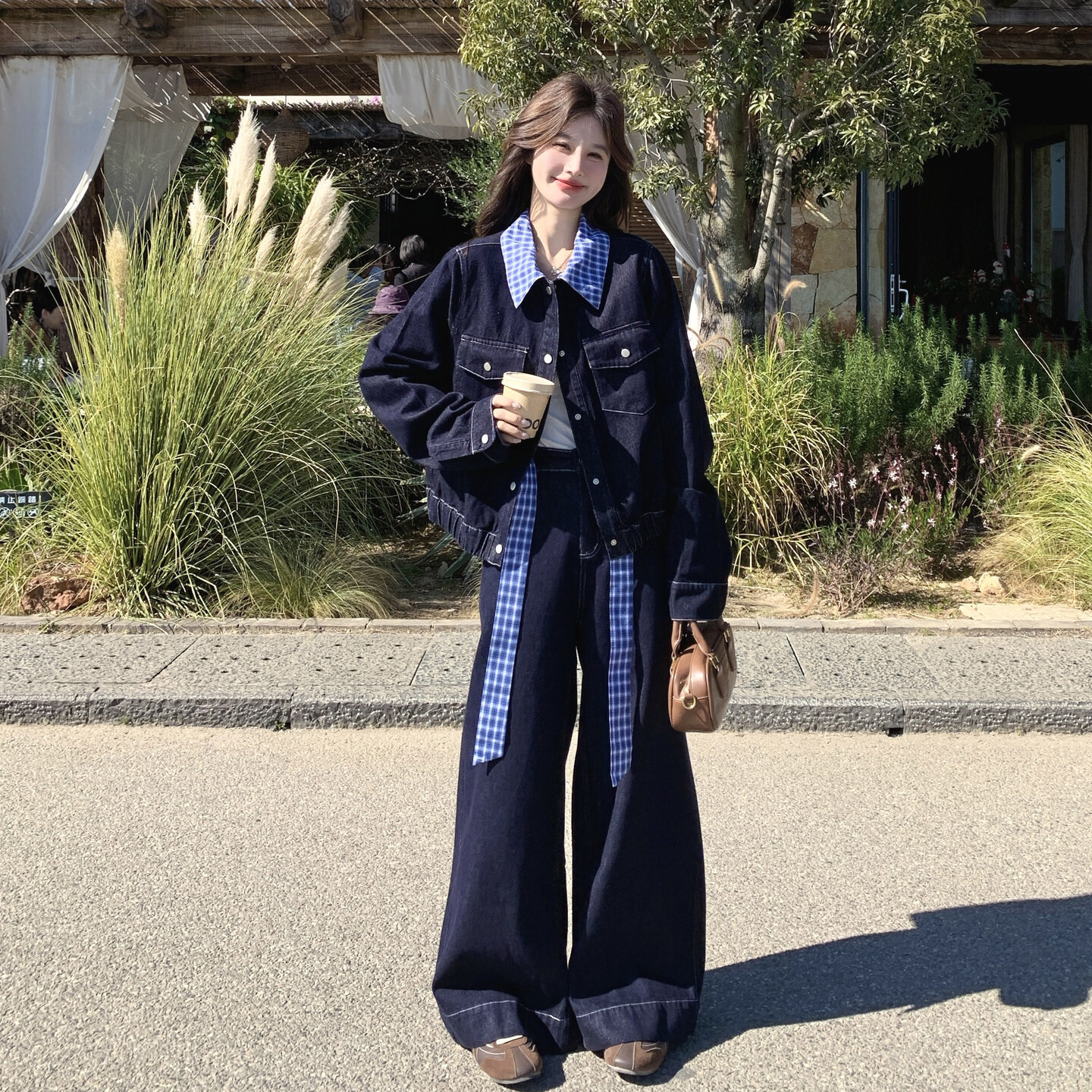 格纹拼接牛仔外套阔腿裤套装女