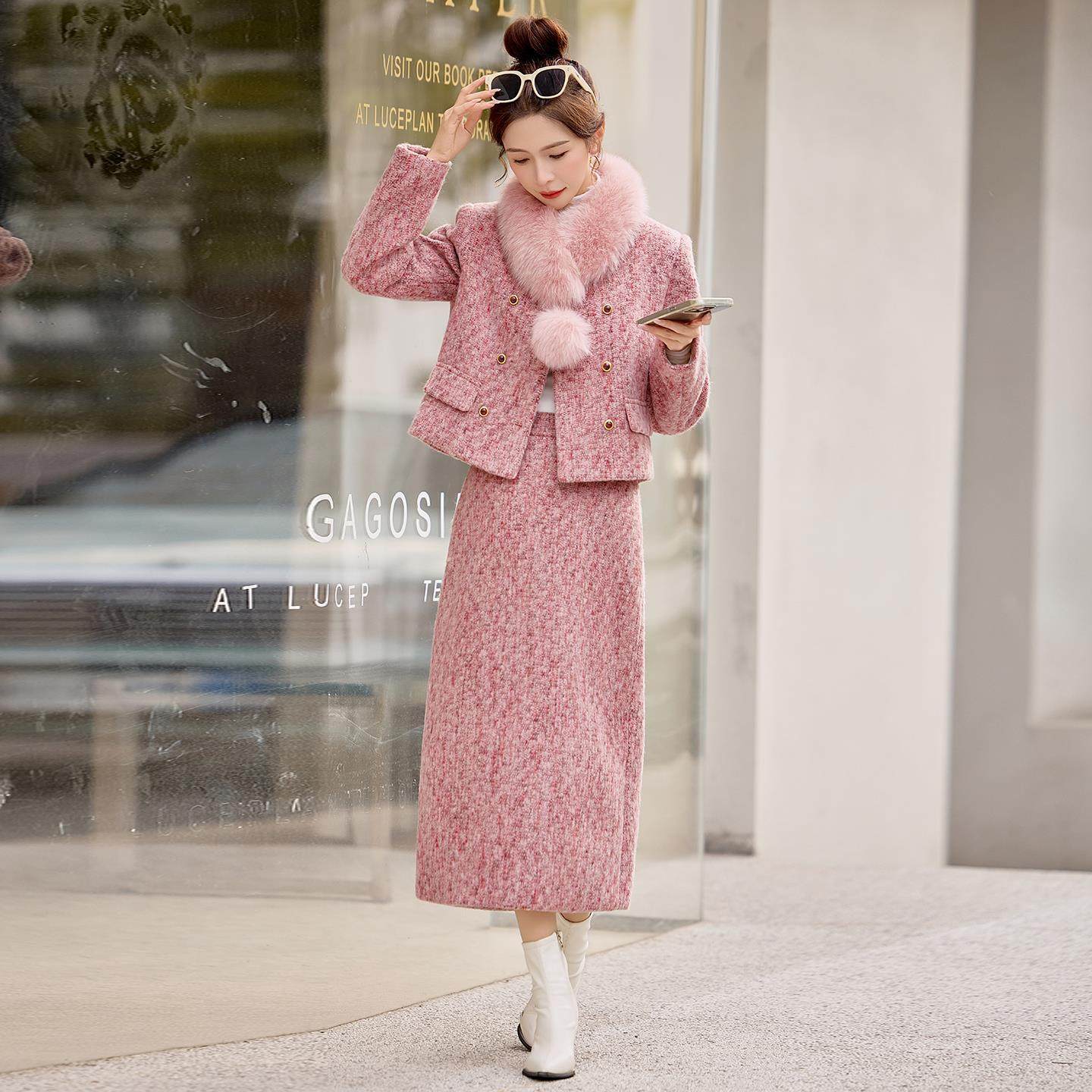 小香风真狐狸毛90白鸭绒套装长裙女冬羊毛呢子短外套半身裙两件套