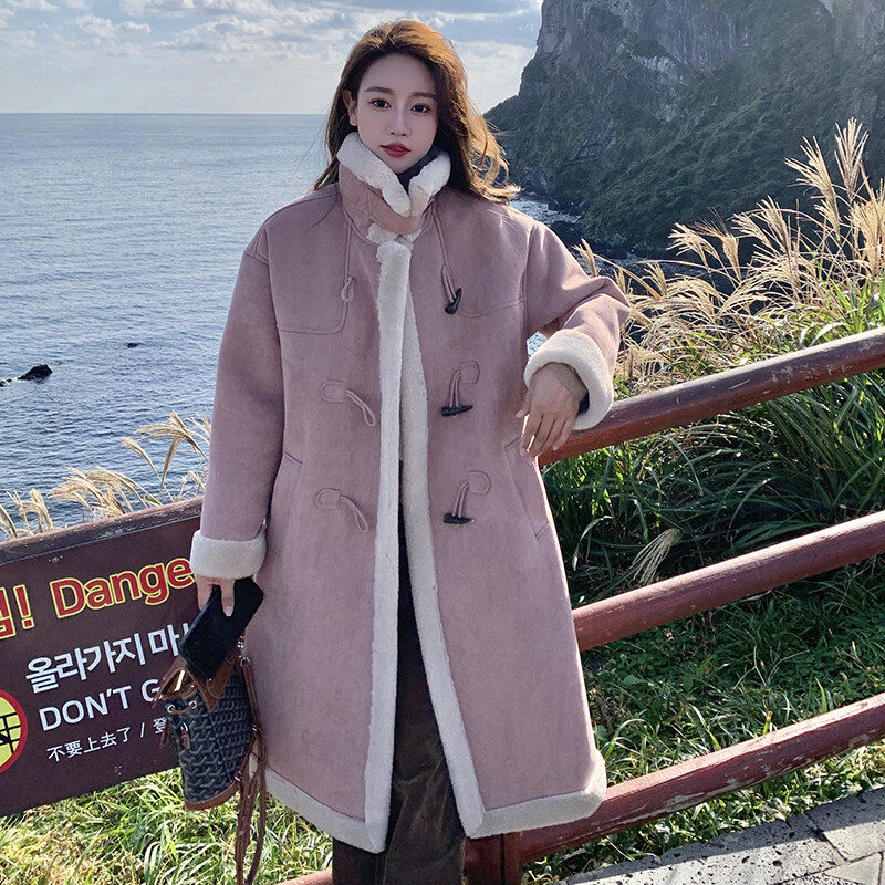 粉色甜美韩版宽松麂皮绒皮毛一体长款过膝加厚羊羔毛外套女冬新款