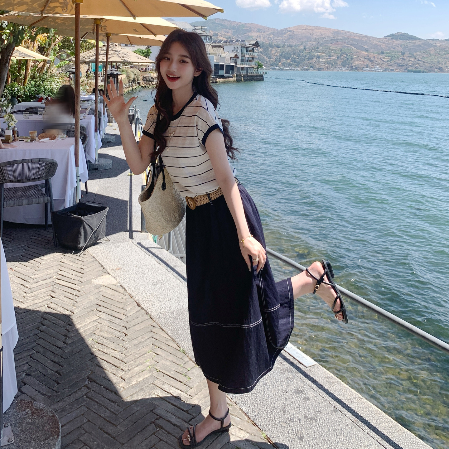 条纹短袖t恤牛仔半身裙女