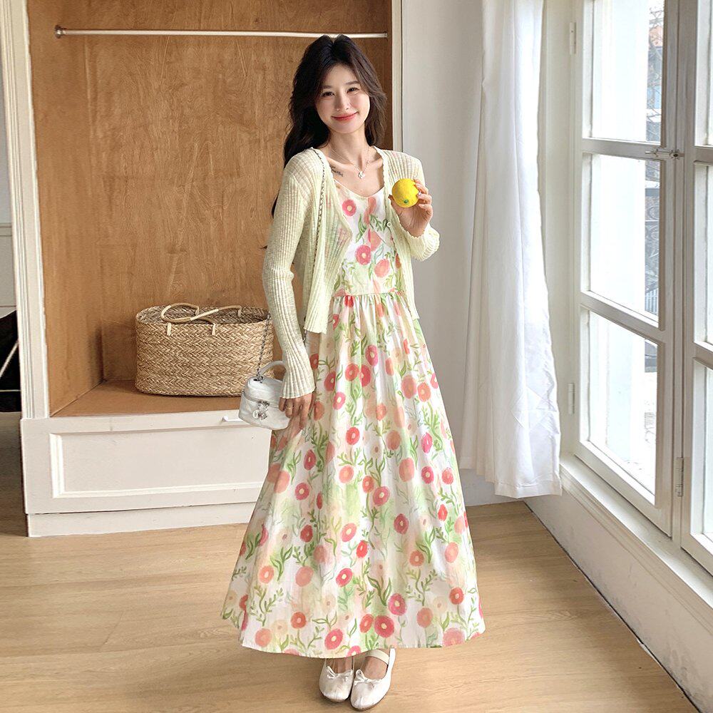 法式高级感碎花吊带裙套装女春秋温柔风减龄针织开衫连衣裙两件套
