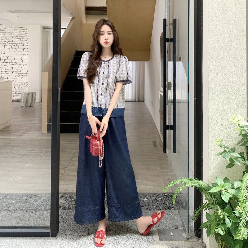 成套搭配休闲套装女夏季2025新款法式印花上衣阔腿裤牛仔裤两件套