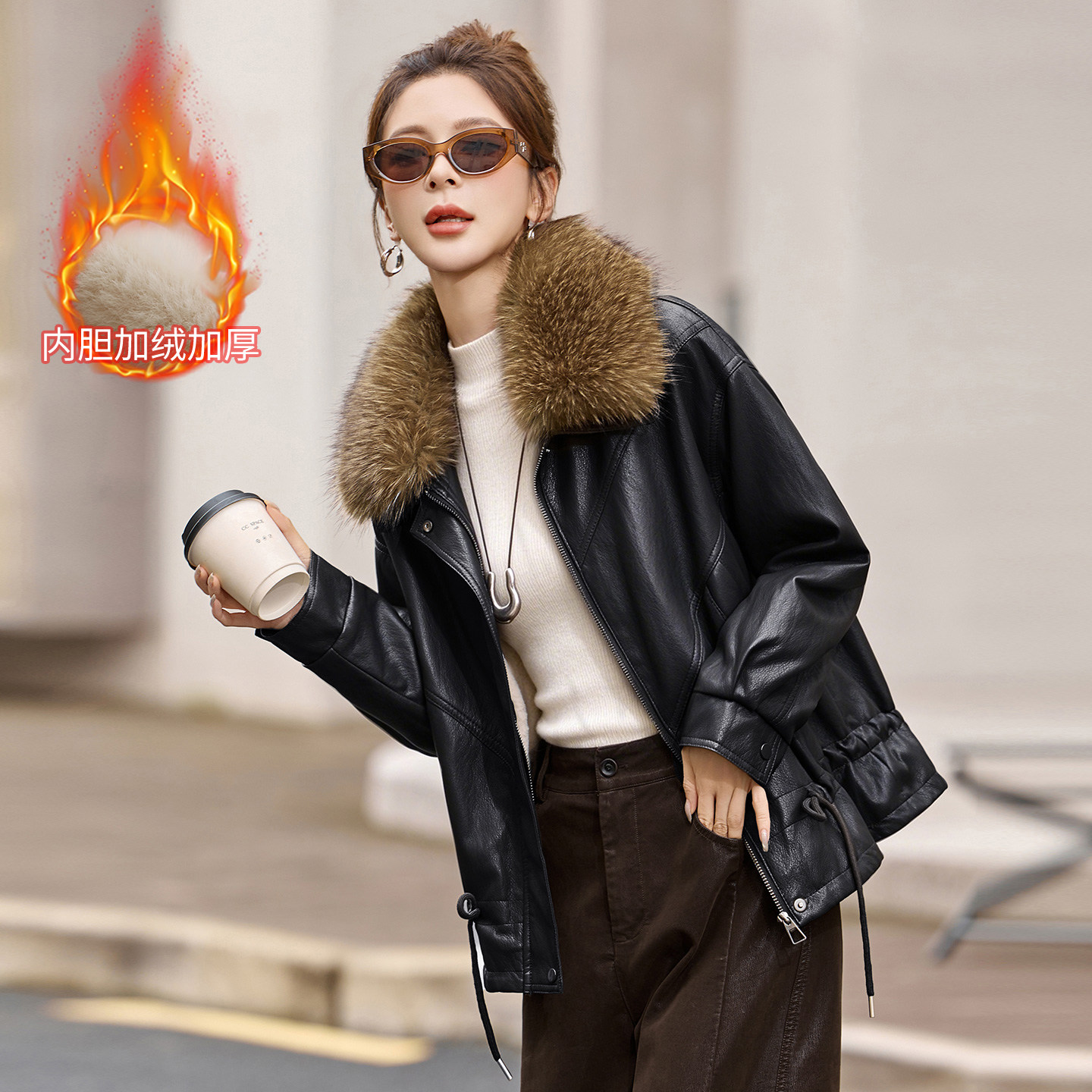 大毛领皮衣外套女冬季加厚加绒保暖宽松休闲减龄抽绳收腰夹克棉服