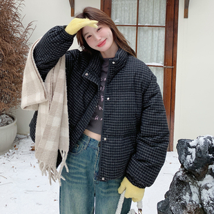 黑色格子短款90白鸭绒羽绒服外套女冬季新款韩系小个子加厚面包服