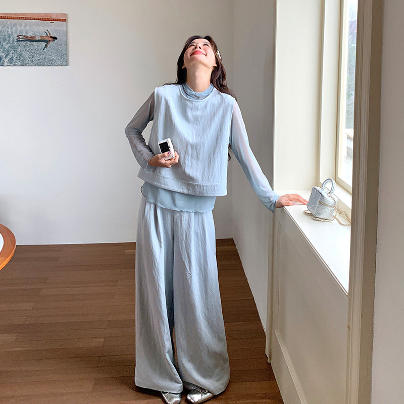 蓝色韩系氛围感休闲套装女夏2026清新减龄马甲打底衫阔腿裤三件套