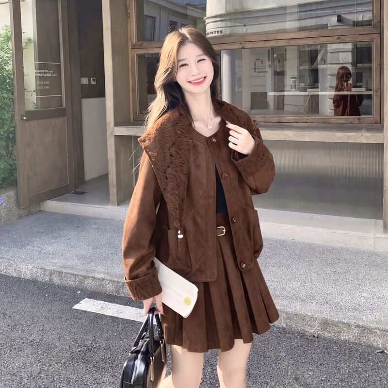 韩系复古麂皮绒套装女2026秋季新款立领夹克百褶裙两件套小个子