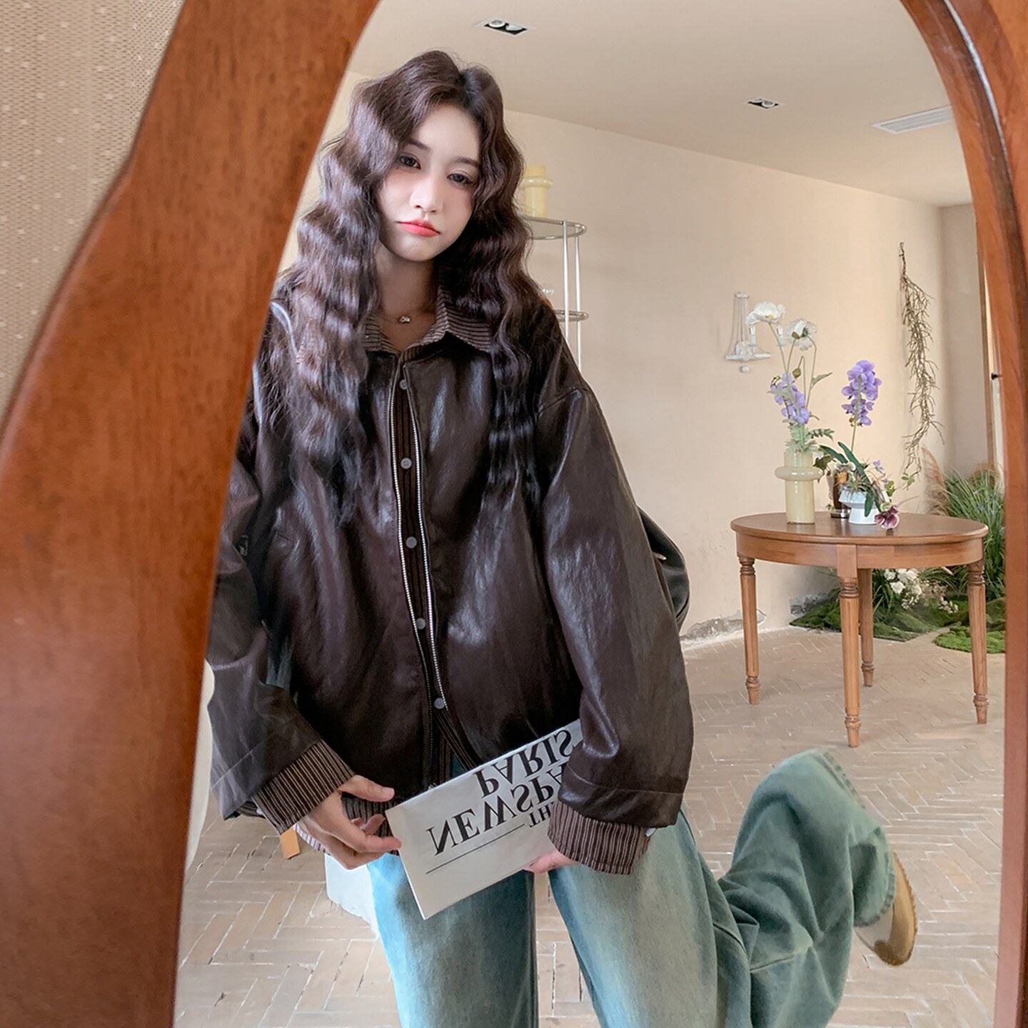 设计感假两件条纹拼接皮衣女2026秋季新款美拉德复古时尚气质夹克
