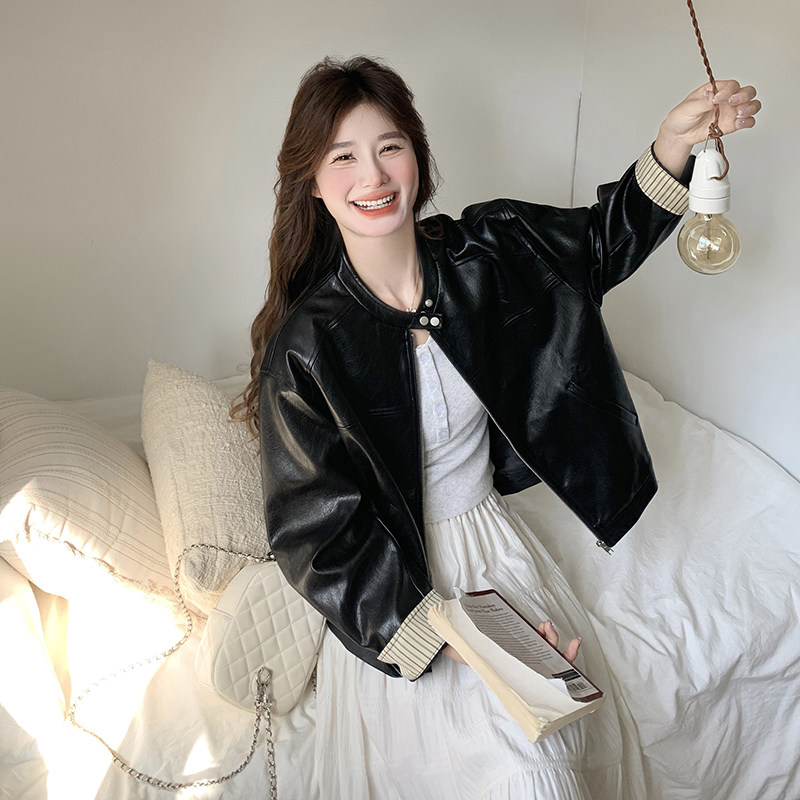 黑色复古高级感pu皮衣外套女春秋季新款小个子短款甜酷机车皮夹克