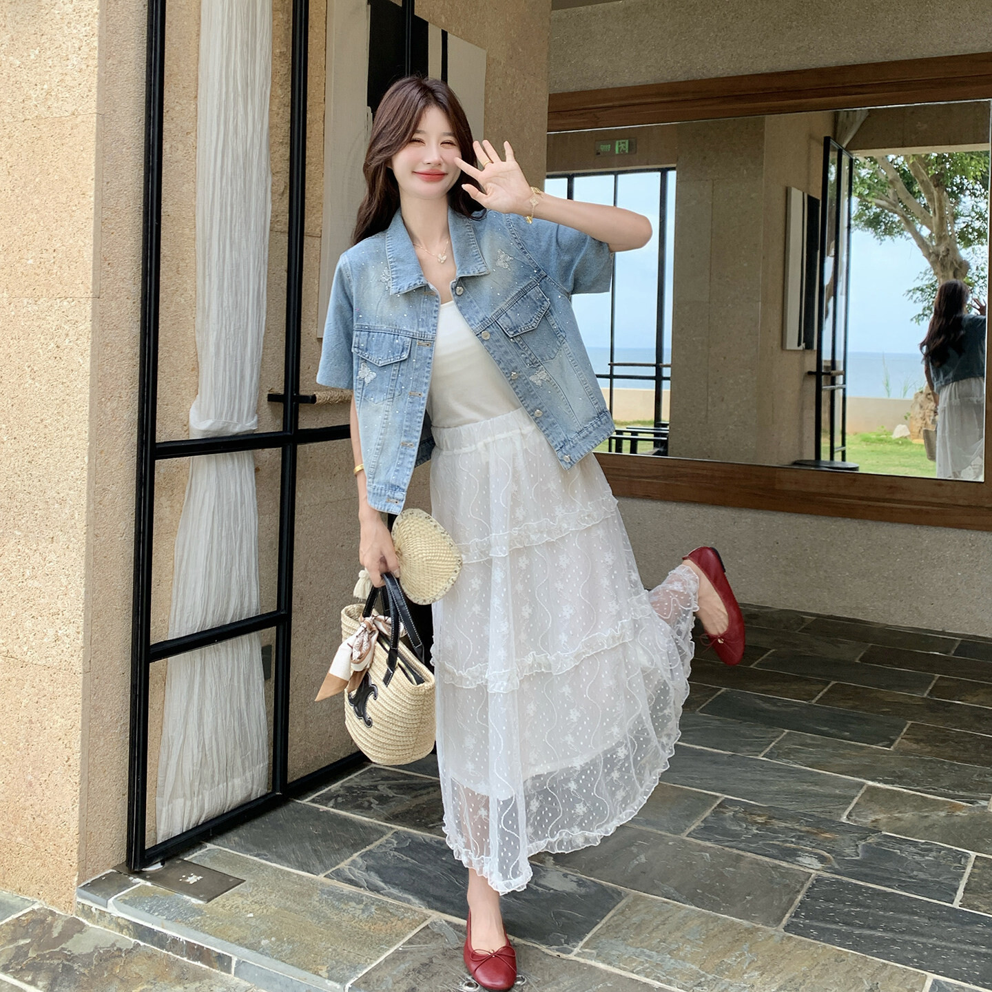 牛仔马甲网纱半身裙套装女