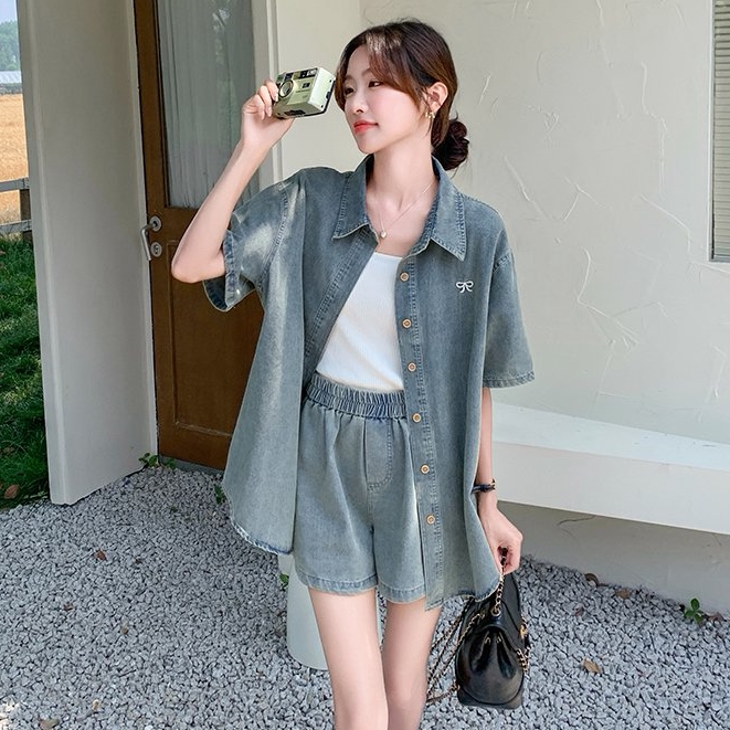 复古港风休闲薄款牛仔套装女夏季新款宽松穿搭衬衫外套短裤两件套