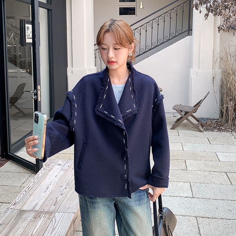 羊毛双面呢短款毛呢外套秋冬新款小个子韩系宽松气质翻领呢子大衣