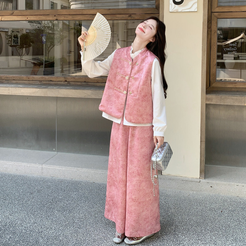 新中式国风粉色提花马甲阔腿裤三件套装女独特漂亮高级感减龄穿搭