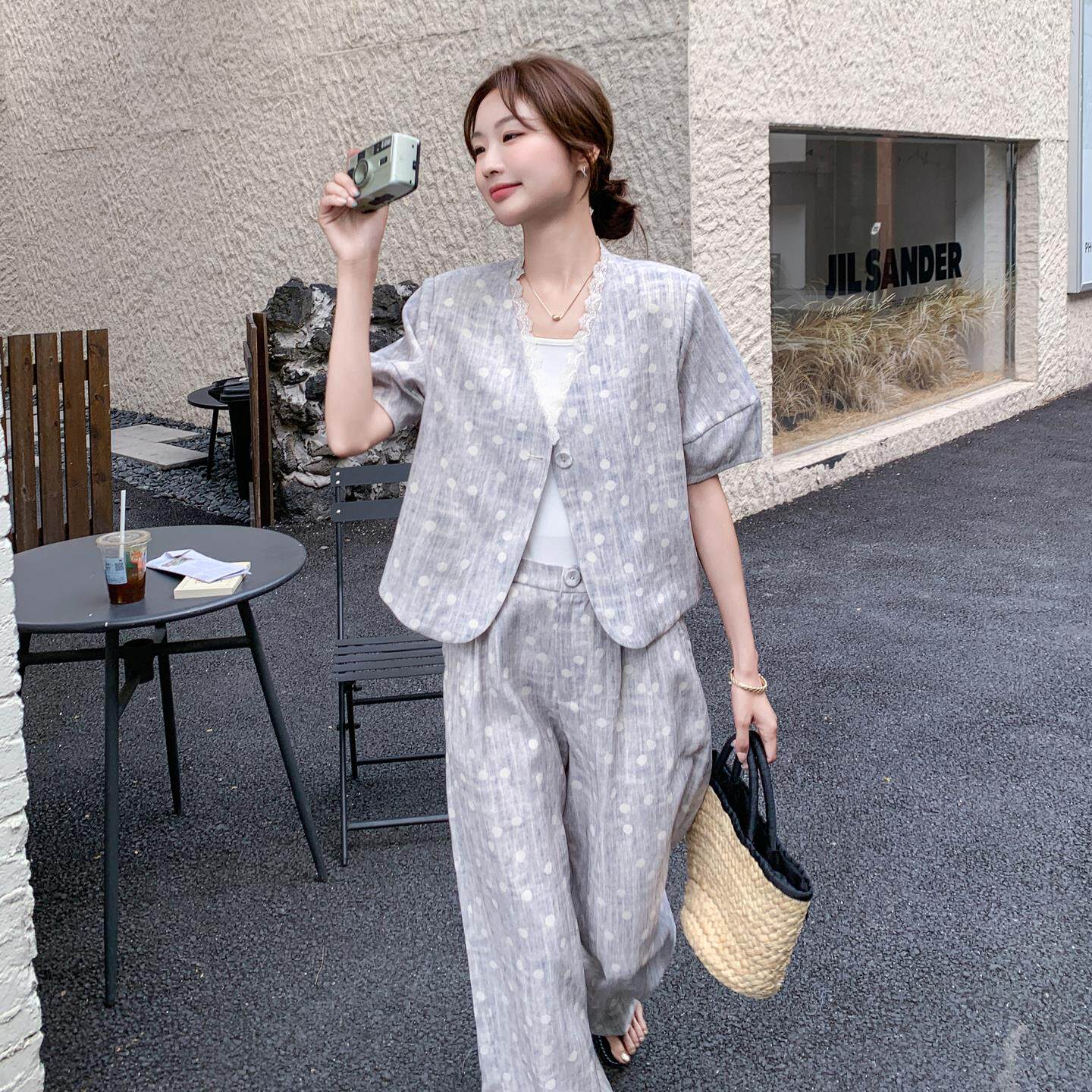 波点短袖西装套装女2025夏季新款高级感薄款西服外套阔腿裤两件套