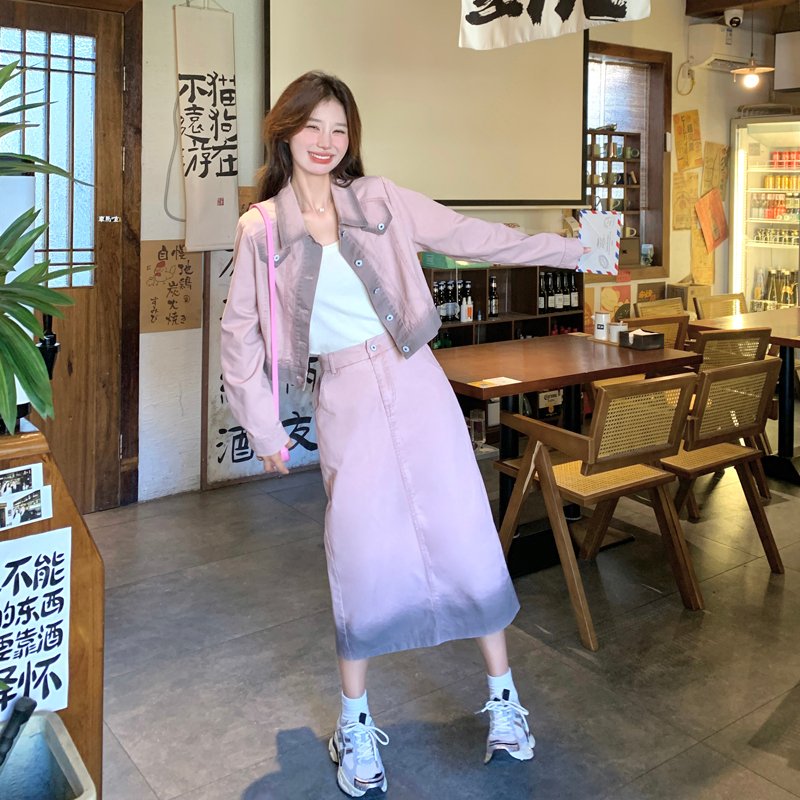 设计感渐变色牛仔上衣套装女春秋装新款韩系甜美减龄半身裙两件套