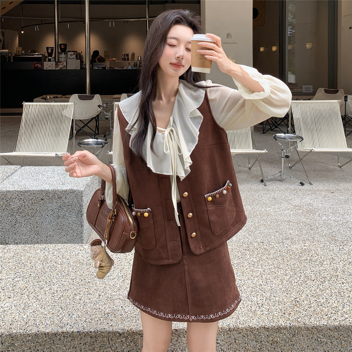 复古日系衣女装秋季新款高腰棕色半身裙叠穿衬衫马甲美拉德三件套
