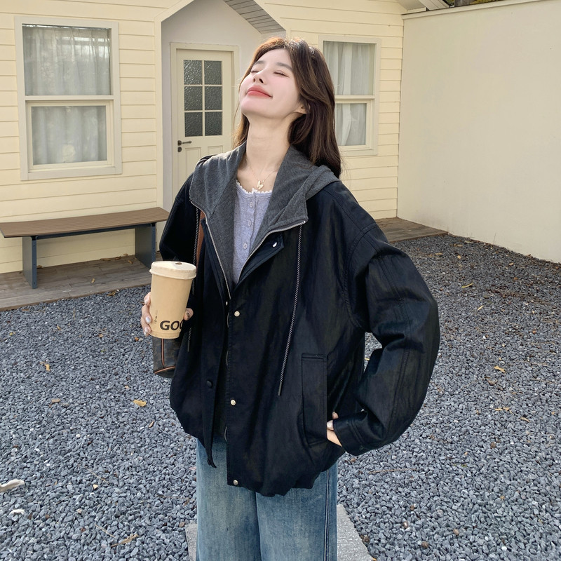美式撞色假两件连帽皮衣外套女秋2026新款甜酷炸街超火时尚机车服