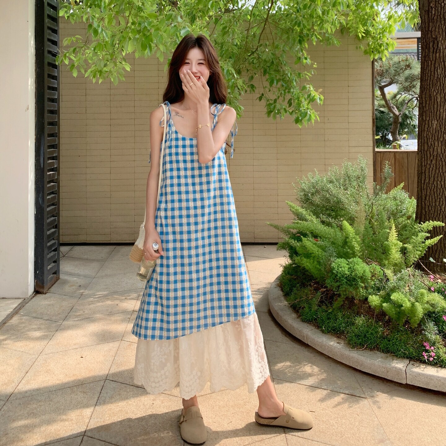 蕾丝拼接格子吊带连衣裙女