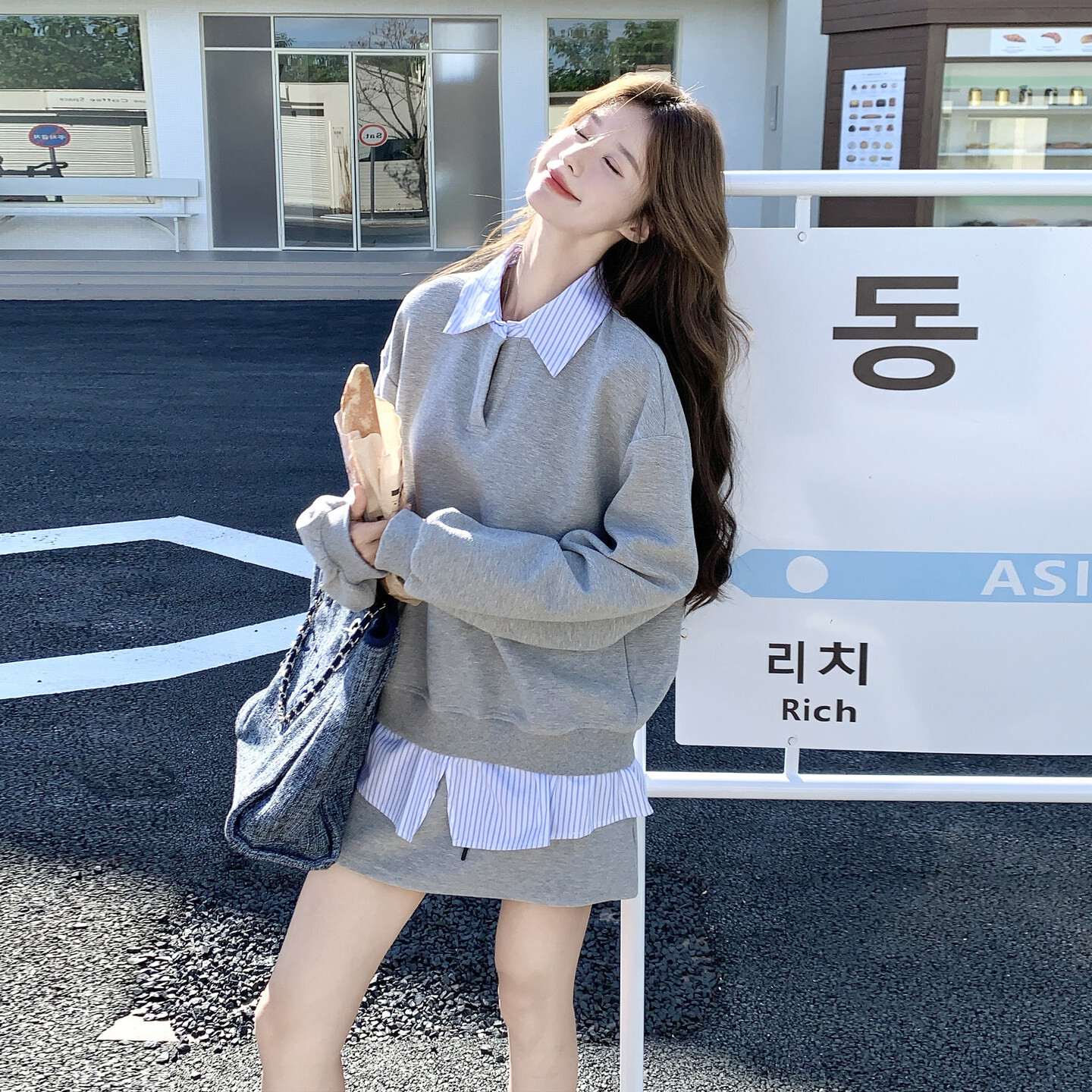 灰色假两件拼接卫衣套装裙女
