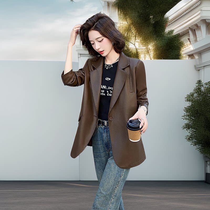 西装皮衣外套女春秋新款高级感超好看一粒扣复古港风PU皮夹克上衣