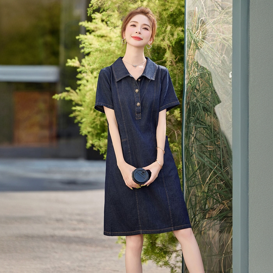 港风复古短袖牛仔连衣裙女夏宽松显瘦遮肉洋气减龄休闲法式衬衫裙