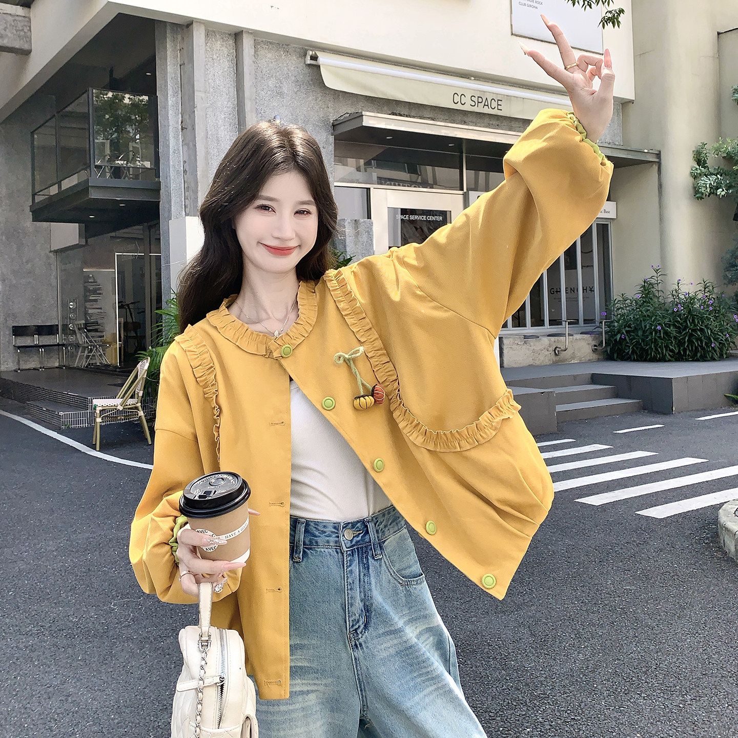 正反两面穿黄色木耳边拼接短外套女秋新款宽松百搭减龄小个子上衣