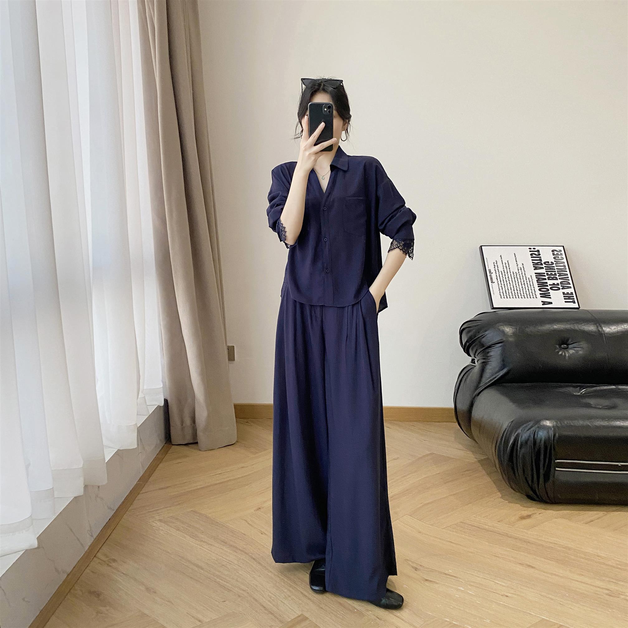 长裤裤子时尚套装女夏季老钱风高级感蕾丝拼接长袖衬衫阔腿裤女装