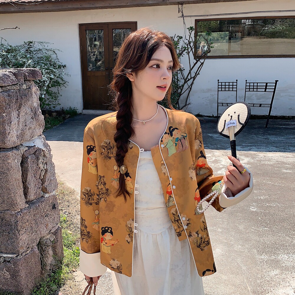 新中式国风复古盘扣印花短外套女