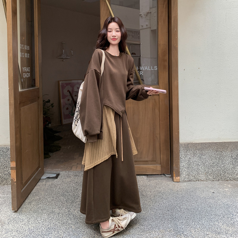 咖色复古开衫卫衣半身裙套装女