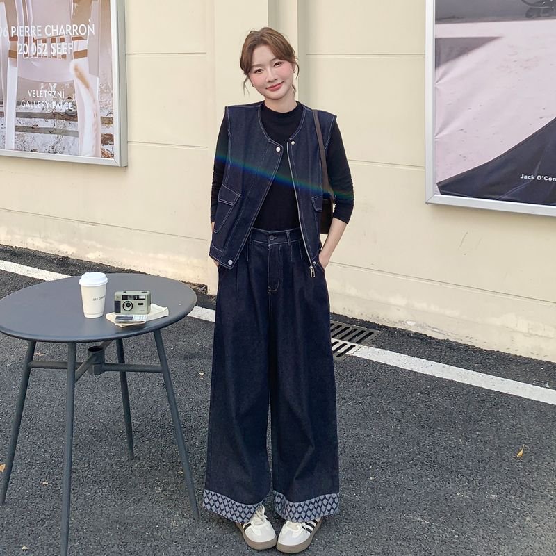 复古休闲牛仔马甲套装女春秋设计感宽松显瘦格子拼接阔腿裤三件套