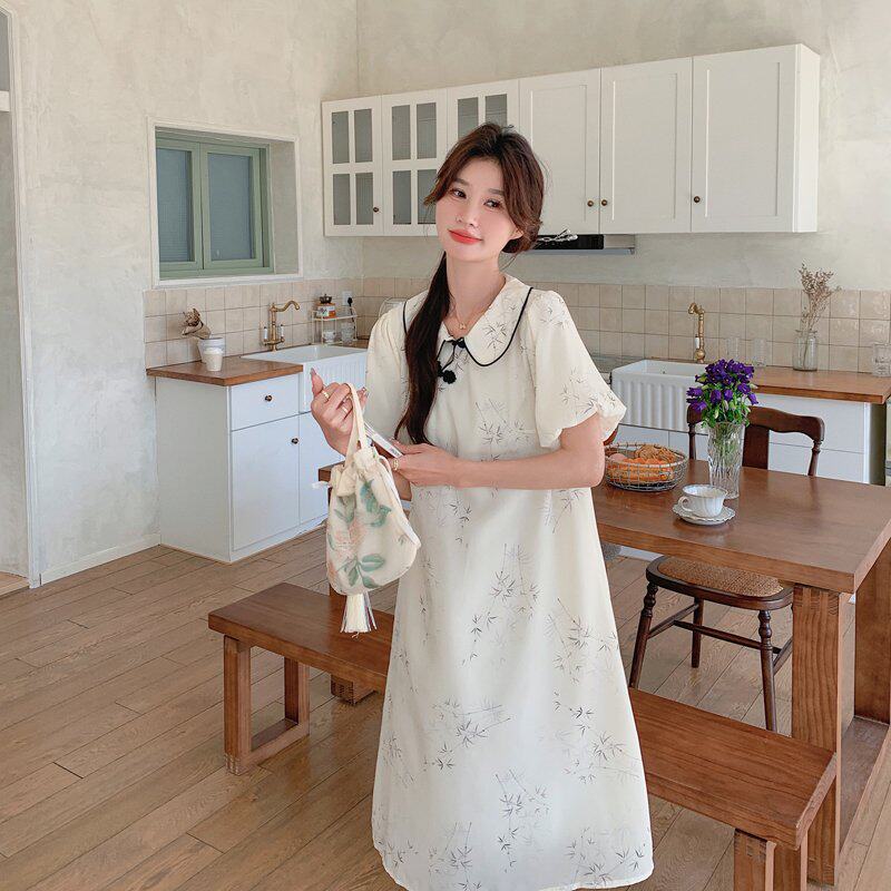 新中式盘扣印花连衣裙女夏季温柔风宽松微胖遮肚子小个子改良旗袍