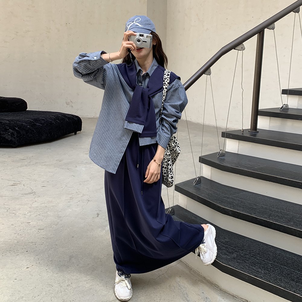 韩版文艺范披肩条纹衬衫套装女初秋新款休闲减龄气质半身裙三件套