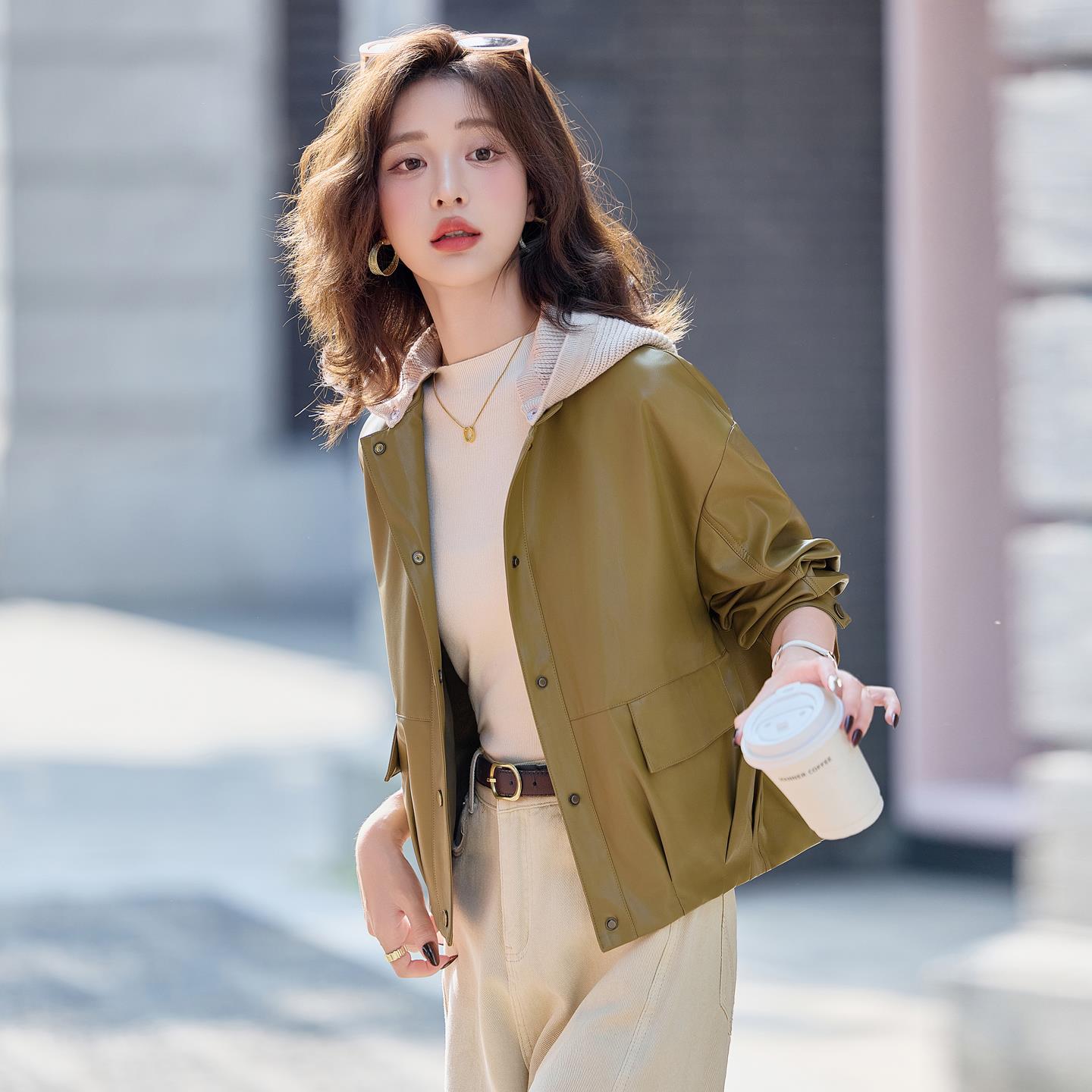 小个子连帽时尚PU皮短外套女春秋新款休闲百搭软皮夹克机车服上衣