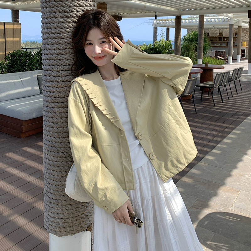 黄色连帽短款皮衣外套女春秋季新款小个子宽松型甜美皮夹克上衣