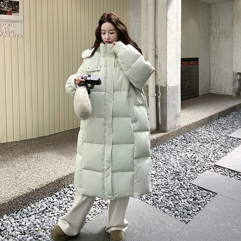 浅绿色学院风减龄连帽羽绒服女2026冬季新款韩版中长款白鸭绒外套