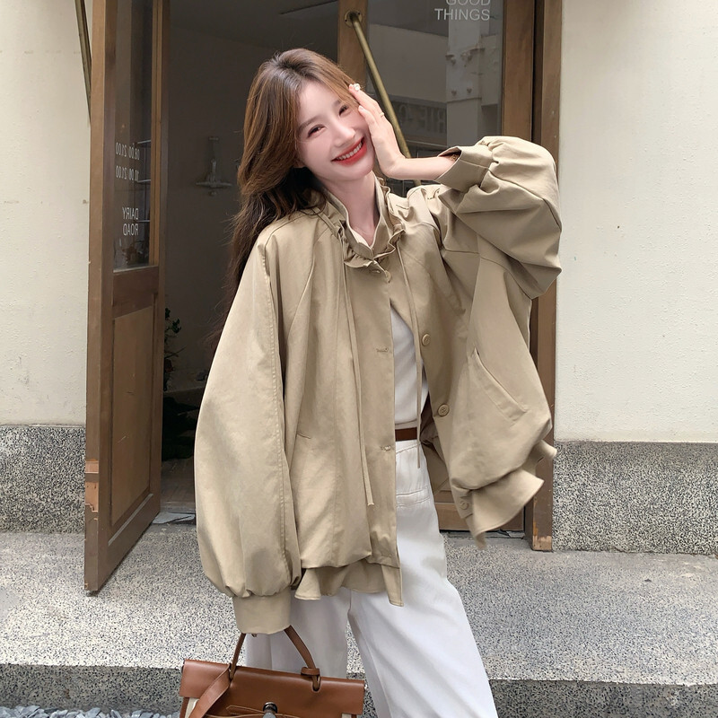 韩版卡其色花边设计感夹克外套女秋季新款小个子运动风休闲女装