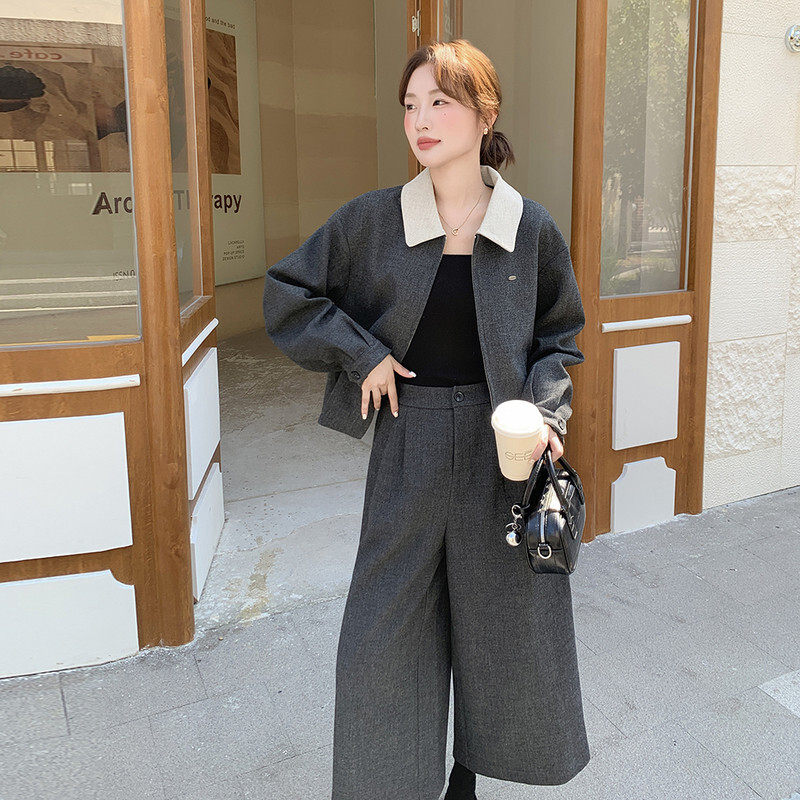 灰色复古高级感一整套毛呢套装女2026春季翻领短外套九分裤两件套