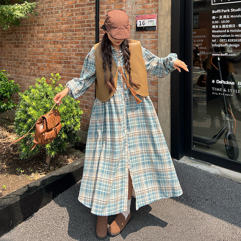 复古时尚设计感连衣裙套装女秋季新款系带马甲格纹衬衫裙两件套