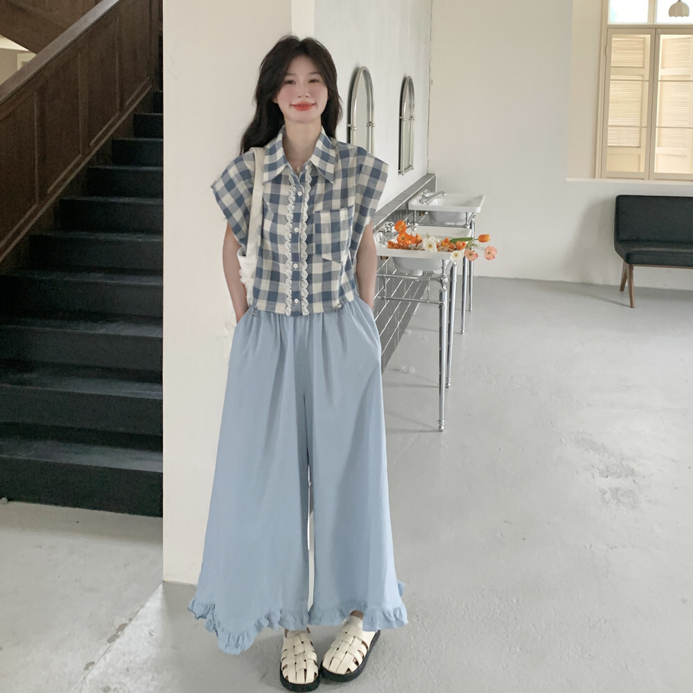 蕾丝花边格子上衣木耳边裤