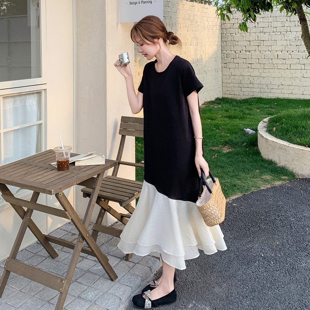 法式赫本风拼接连衣裙女夏季松弛感气质宽松设计感不规则鱼尾长裙