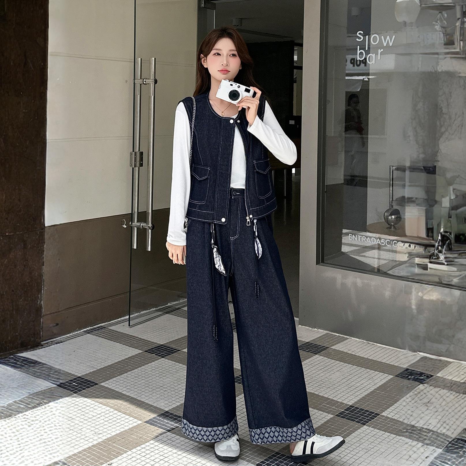盐系甜酷时髦圆领马甲阔腿裤套装女春秋新款韩系穿搭一整套两件套