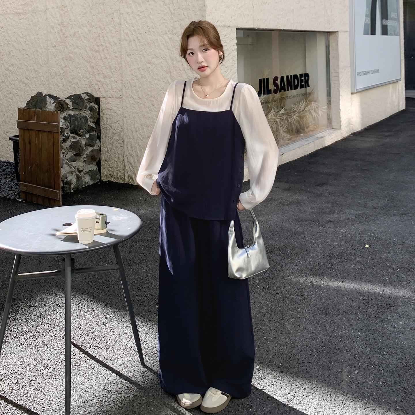 时尚韩系套装女春秋新款设计感长袖小衫吊带马甲高腰阔腿裤三件套