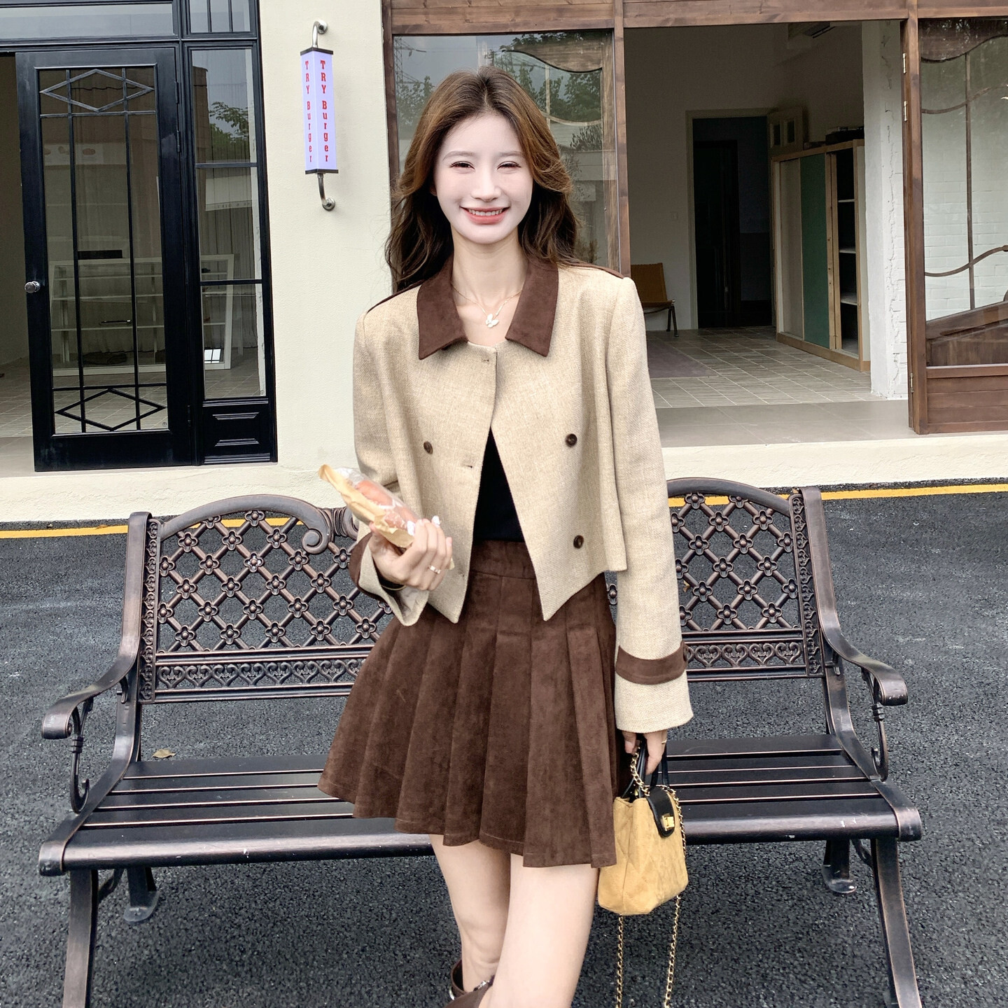 美拉德撞色翻领西装短外套百褶短裙套装女秋复古小香风洋气两件套