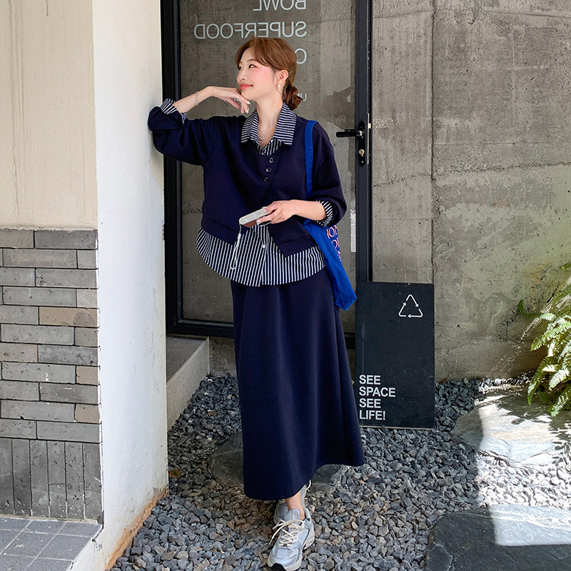 设计感假两件条纹拼接衬衫套装长裙女春秋新款高级感半身裙两件套