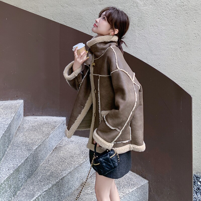 高级感超火皮毛一体加厚保暖羊羔毛外套女冬PU皮拼接棉服流行爆款