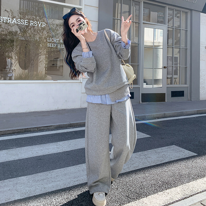 复古拼接假两件卫衣套装女