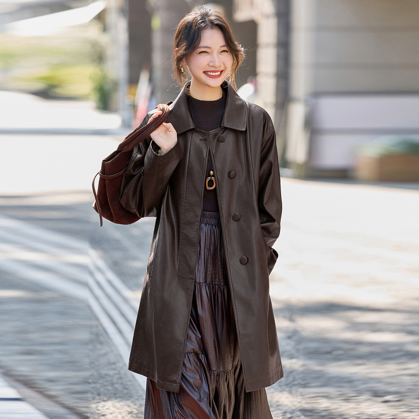 港风长袖翻领中长款PU皮外套女