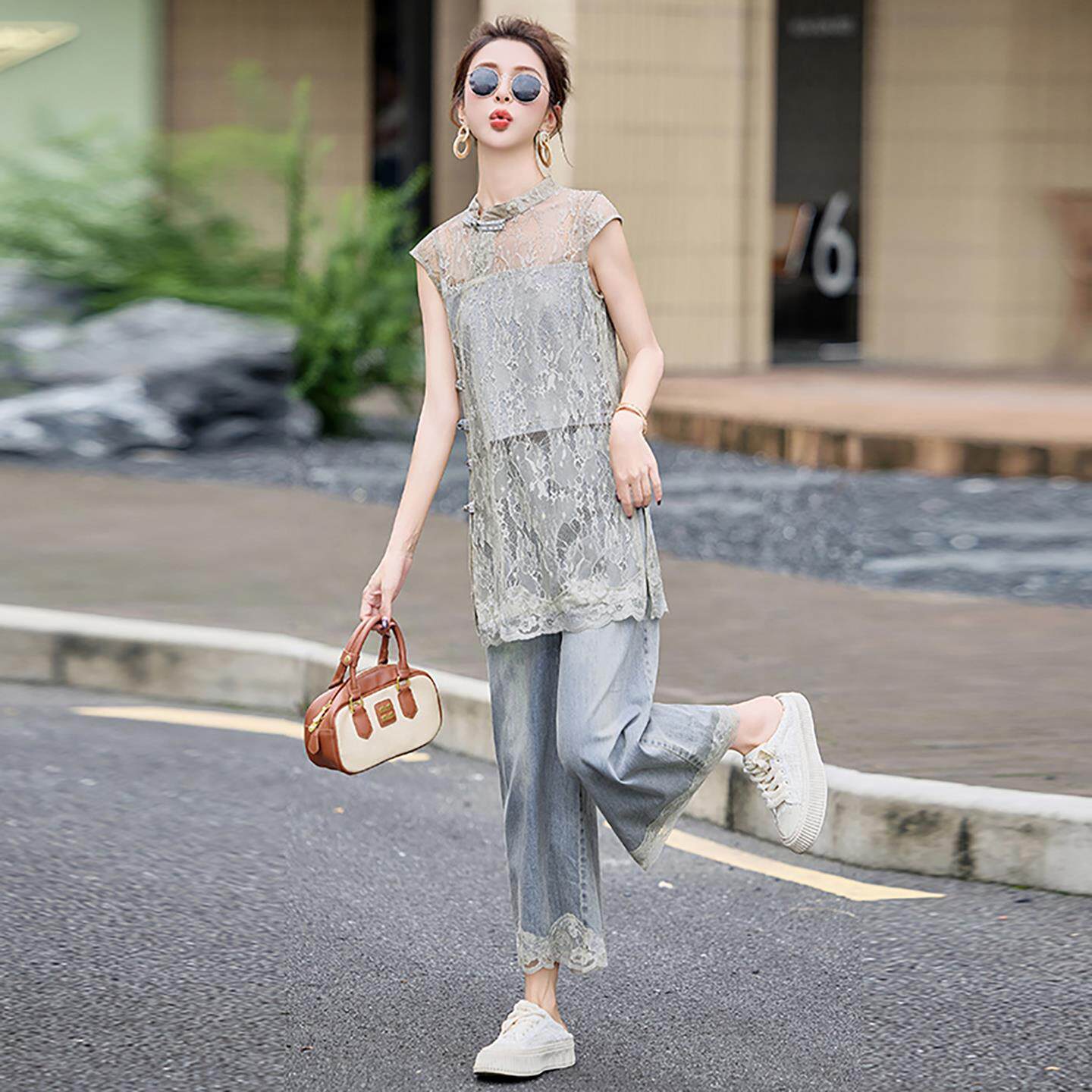 法式复古蕾丝镂空中长款上衣套装女夏牛仔九分裤休闲高级感两件套