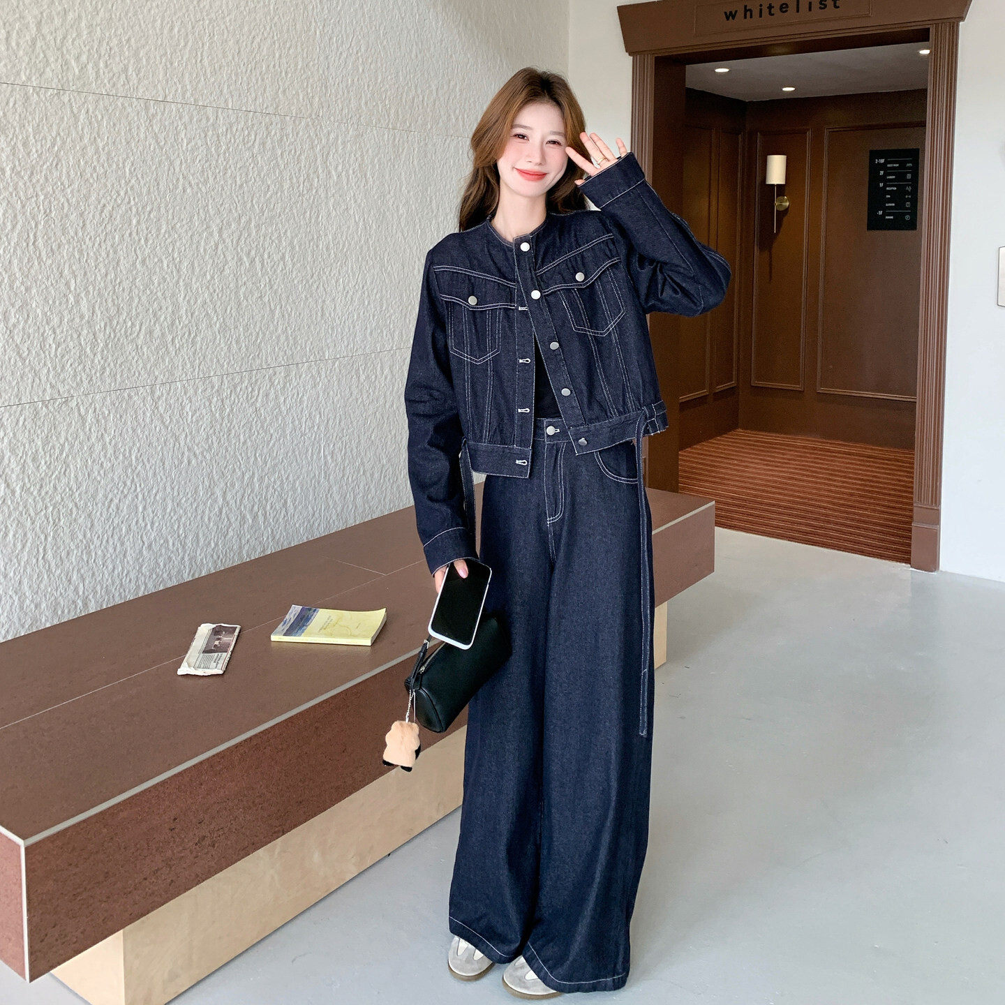 藏青色冷淡系慵懒牛仔套装女2026秋新款设计感休闲外套长裤两件套
